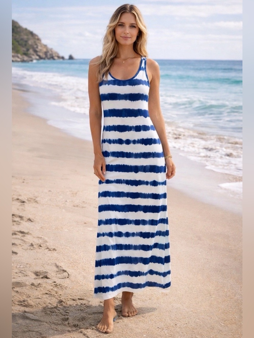 Lauren Ralph Lauren Maxi Dress Medium Tie Dye Striped Tank Beach Coastal Blue